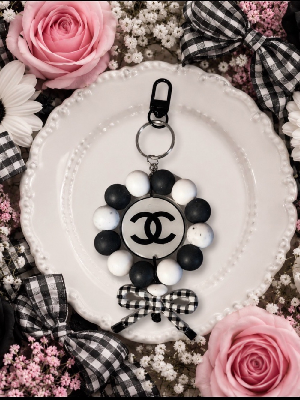Handmade Black & White Beaded Keychain with Ginghan Bow
